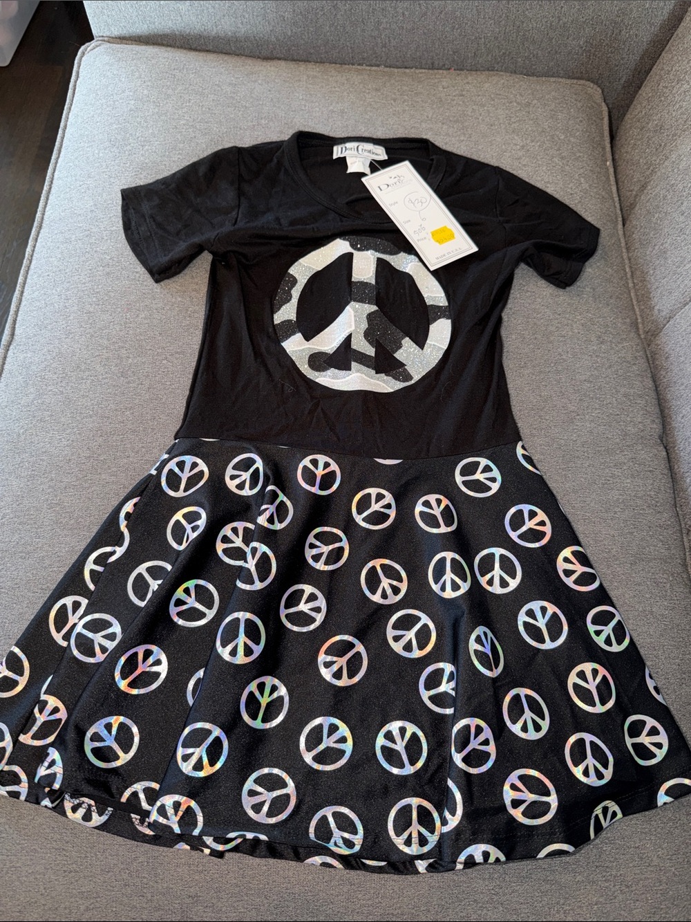 Black Holographic Peace Sign Skater Dress for Girls